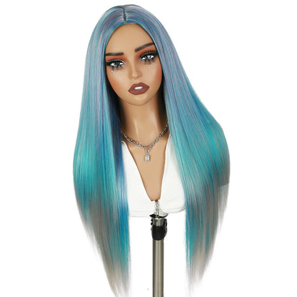 WIGER 28 Inches Long Straight Rainbow Wigs Bluish Green Layered Hair Middle Part Piano Color Wigs Synthetic Mermaid Wig Heat Resistant Costumes Wig for Daily or Party