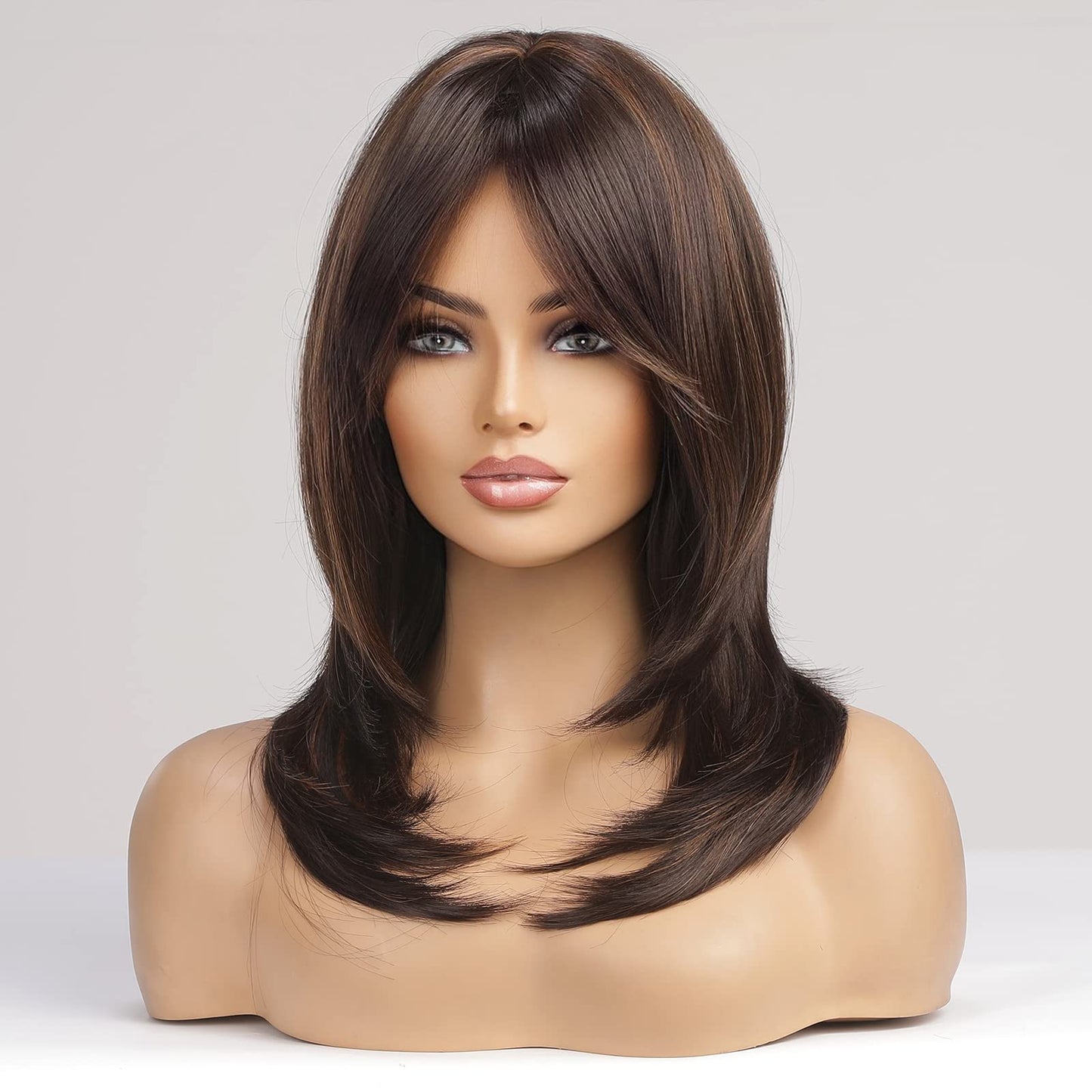 Alanhair Brown with Blonde Highlight Wigs for Women,Shoulder-Length Wig with Bangs Synthetic Hair Layered Wigs Heat Resistant Fibre Natural and Realistic