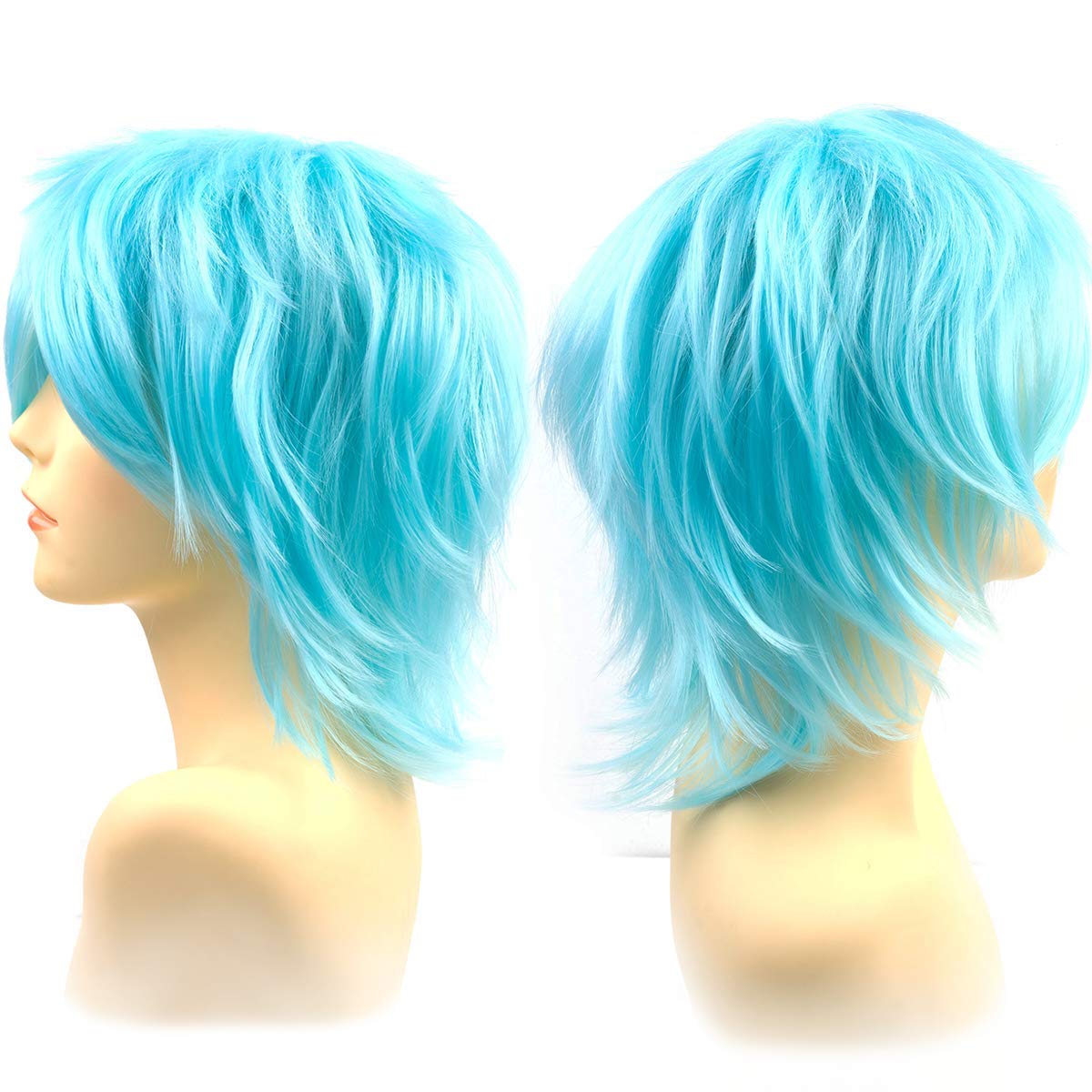 Modernfairy Anime Halloween Wig Aqua Blue for Cosplay Party, Synthetic Layered Short Hair Wigs with Bangs, Pastel Wigs for Women Men