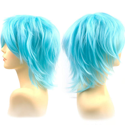 Modernfairy Anime Halloween Wig Aqua Blue for Cosplay Party, Synthetic Layered Short Hair Wigs with Bangs, Pastel Wigs for Women Men