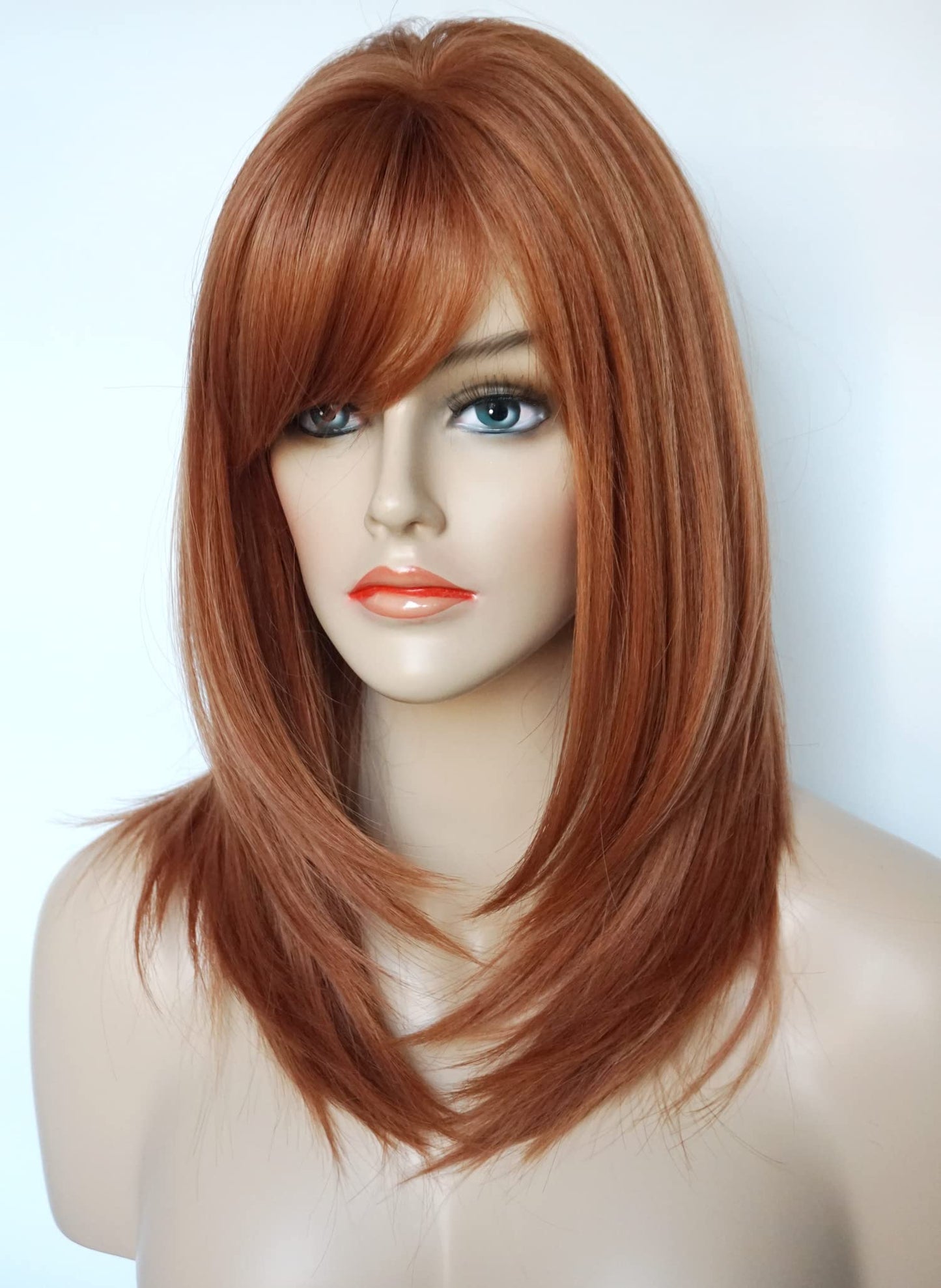 Women's Brown Red Shoulder Length Layered Wig with Bangs - Synthetic Medium Length Wig for White Women (Copper Red)