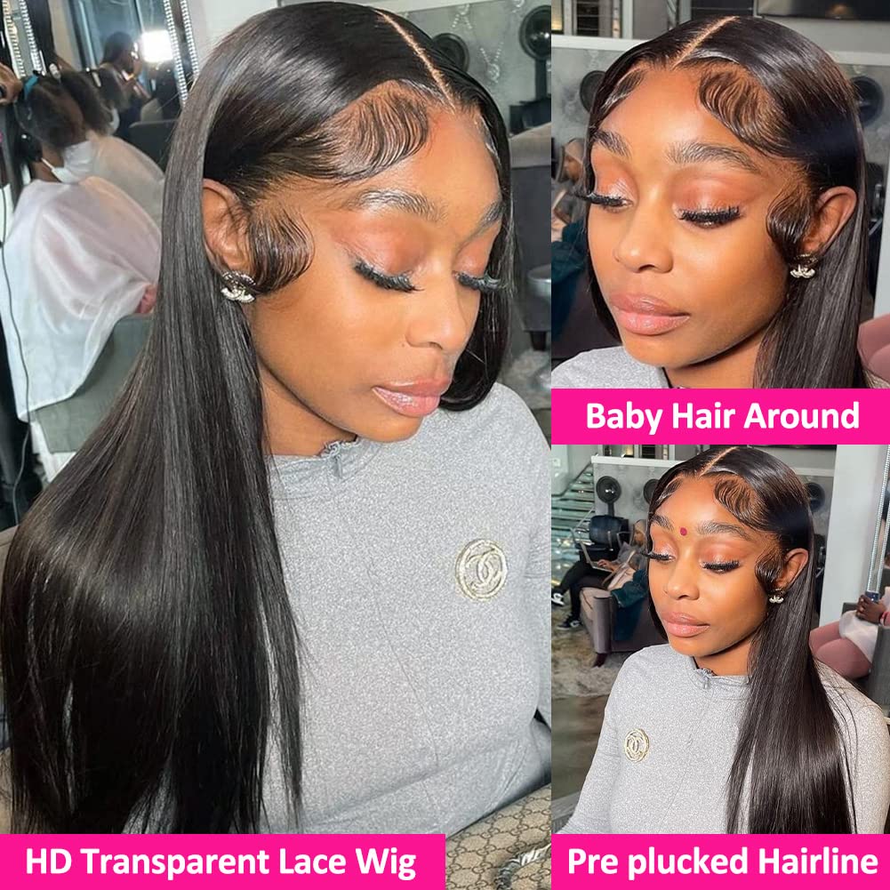 Hermosa 13x4 Lace Front Human Hair Wigs Pre Plucked with Baby Hair 180 Density 9A Straight Human Hair Lace Front Wigs for Black Women Black Color 14 Inch