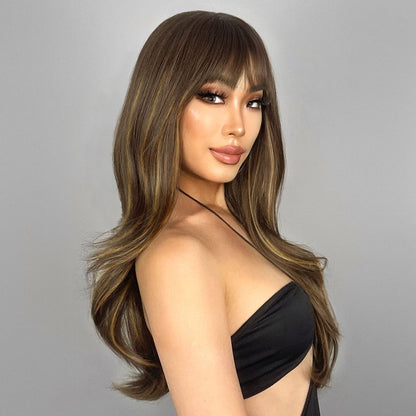 N NAYASA Brown Wigs with Bangs Long Layered Wigs for Women Brown Mixed Blonde Synthetic Wig Heat Resistant Natural Looking Wigs for Daily Party Use