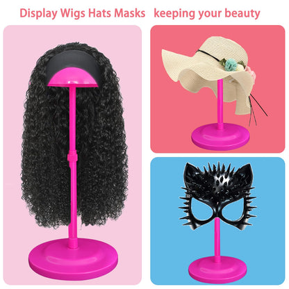 Wig Stand 1PC Adjustable Height Pink Plastic Wig Head Stand Portable Wig Holder Stands Non-Slip Wig Head Holders Sturdy for Multiple Wigs and Hats Styling Drying Display