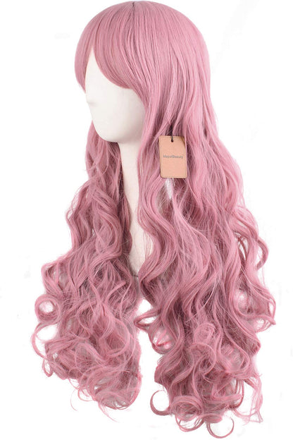 MapofBeauty 28"/70cm Lolita Long Curly Clip on Ponytails Cosplay Wig (Rouge Pink)