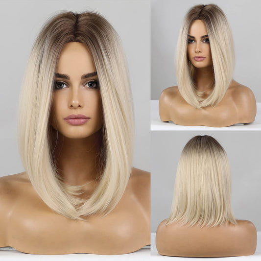 HAIRCUBE Ombre Blonde Bob Wig Shoulder Length Wigs for Women Dark Brown Roots Middle Part Heat Resistant Fibre Synthetic Wig Daily Natural looking