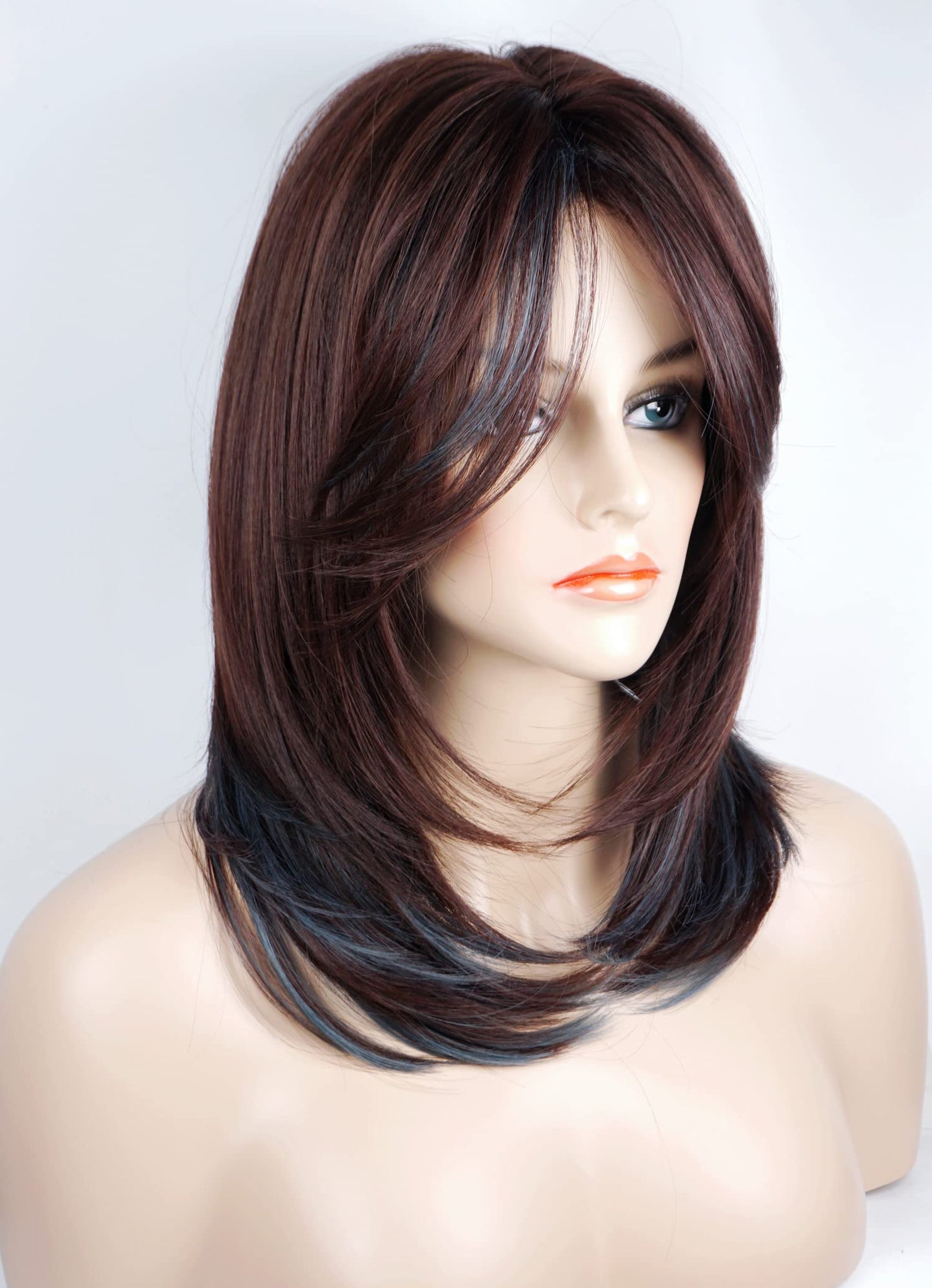 Medium Length Layered Wig Dark Brown with Blue Highlights, Synthetic Layered Wig with Bangs for White Women