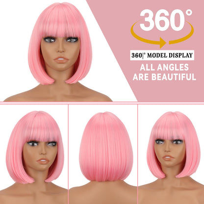 WERD Short Pink Bob Wig for Women Light Pink with Bangs Synthetic Hair Straight Bob Wig for Daily Party Cosplay