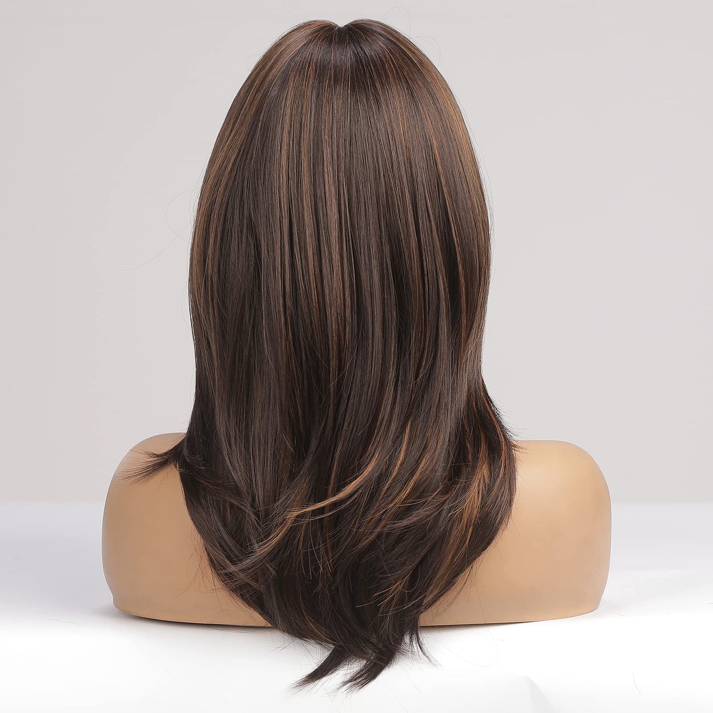 Alanhair Brown with Blonde Highlight Wigs for Women,Shoulder-Length Wig with Bangs Synthetic Hair Layered Wigs Heat Resistant Fibre Natural and Realistic