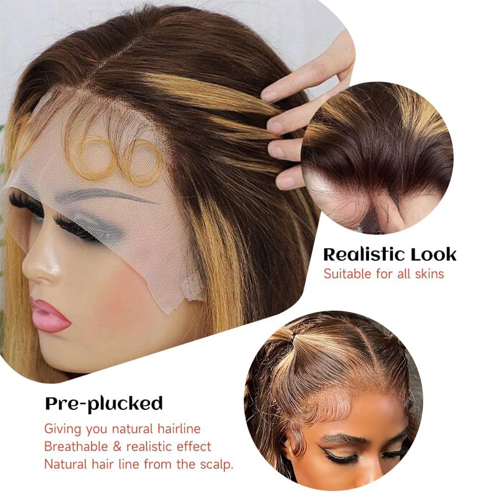 32Inch Highlight Ombre Lace Front Wig Human Hair 13x4 Blonde Highlight Body Wave Lace Front Wigs Human Hair 4/27 Colored Deep Wave Wig 200% Density Honey Blonde With Frontal Wigs For Women