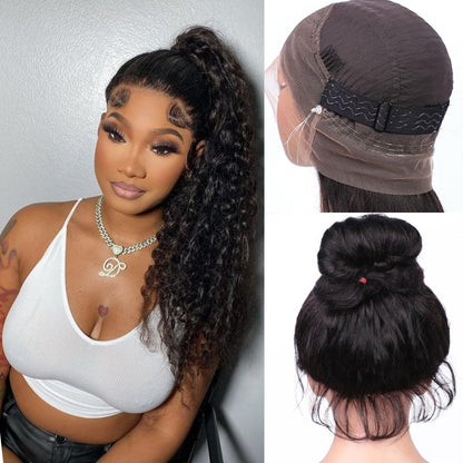 Ebarly Hidden Strap 360 Glueless Lace Front Wigs Human Hair Pre Plucked Bleached Knots 180 Density Water Wave HD Lace Frontal Wig with Drawstring Curly Full LaceFront Wigs for Women(22 inch)