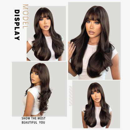 N NAYASA Dark Brown Wig with Bangs Brown Wigs for Women 24’’ Long Wavy Layered Synthetic Natural Looking Wigs for Daily Party Use