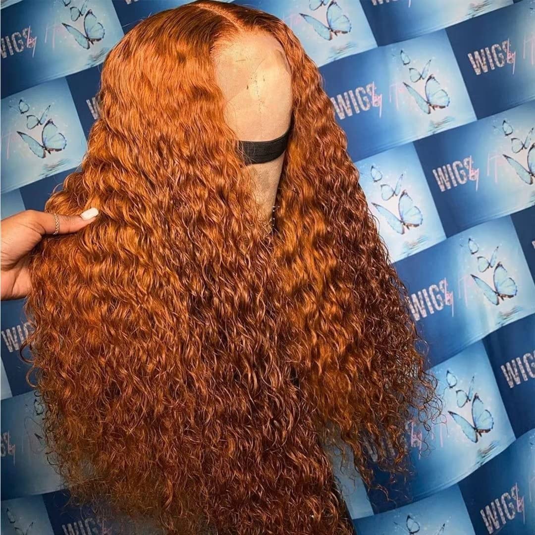 Daules Ginger Curly Lace Front Wigs Human Hair Deep Wave for Women 13x4 HD Transparent Pre Plucked Curly Wigs 180% Density Orange Colored Glueless Wig Super Soft True to length 34 Inch