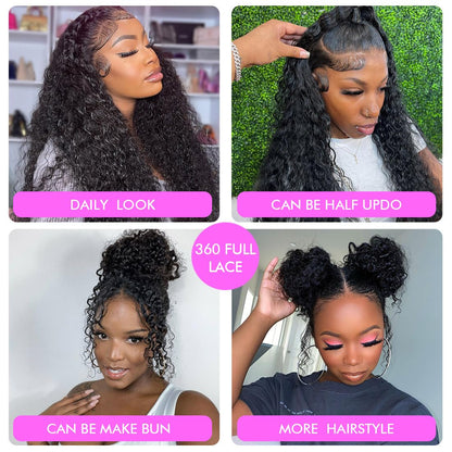 Hidden Strap 360 Full Lace Front Wigs Human Hair Invisible Strap Pre Plucked Bleached Konts Pre Cut Lace Deep Wave HD Lace Frontal Wig with Drawstring Natural Hairline 360 Glueless Wigs(18inch)