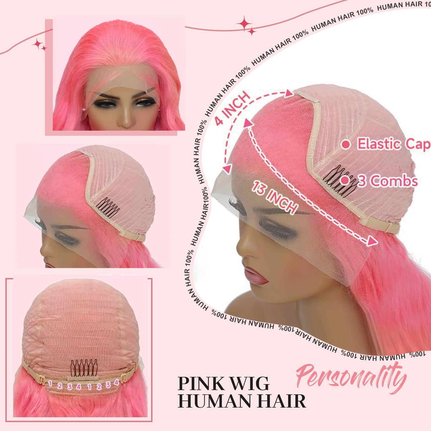 AAY 28 Inch Pink Lace Front Wig Human Hair 200 Density Pink Human Hair Wig 13x4 Body Wave Lace Front Wigs Human Hair Pre Plucked HD Lace Frontal Wigs Human Hair Colored Lace Wigs