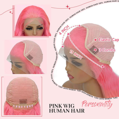 AAY 28 Inch Pink Lace Front Wig Human Hair 200 Density Pink Human Hair Wig 13x4 Body Wave Lace Front Wigs Human Hair Pre Plucked HD Lace Frontal Wigs Human Hair Colored Lace Wigs
