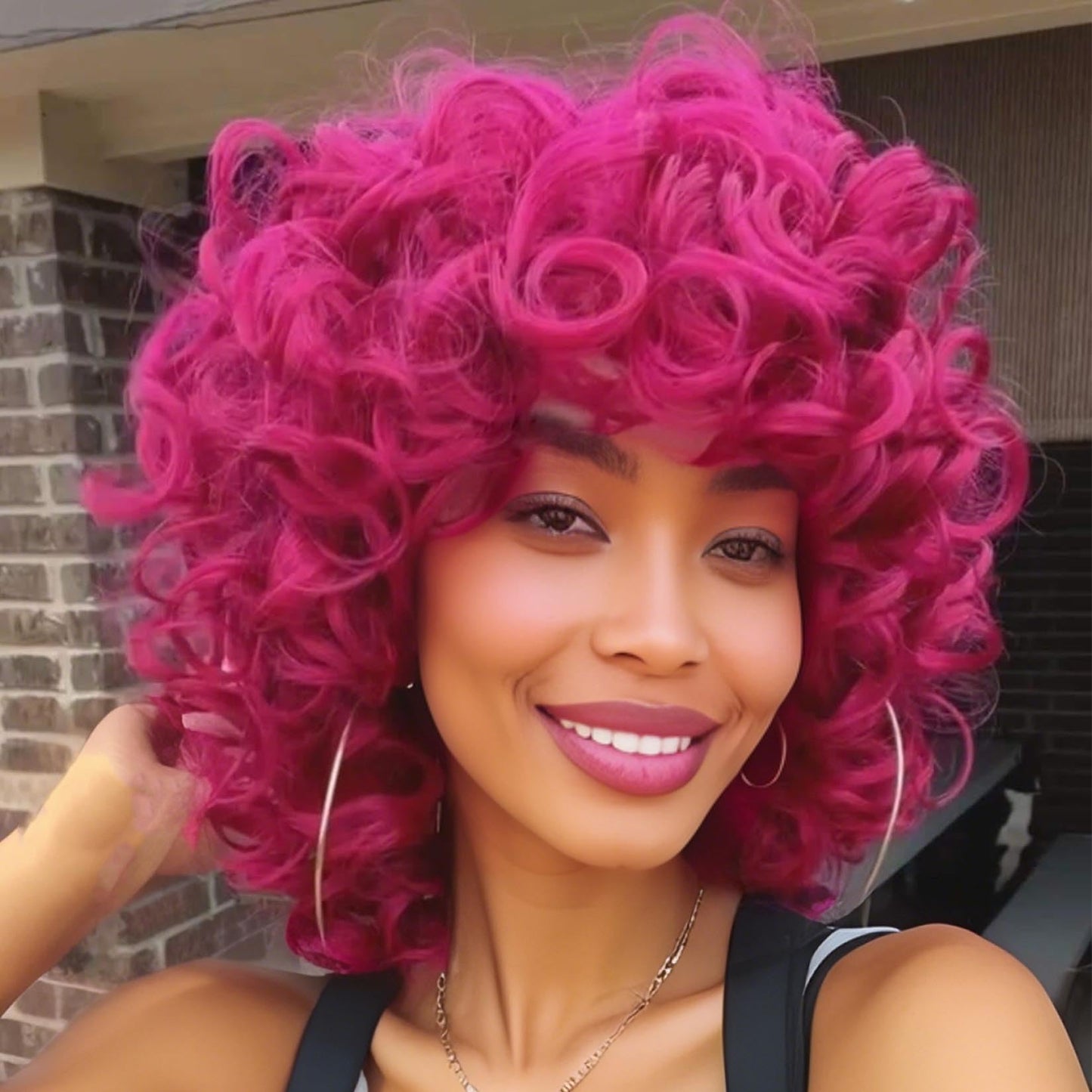 andromeda Hot Pink Wigs for Black Women Soft Short Curly Wig with Bangs Heat Resistant Synthetic Fiber Hair Wigs for African American Black Women（Hot Pink）