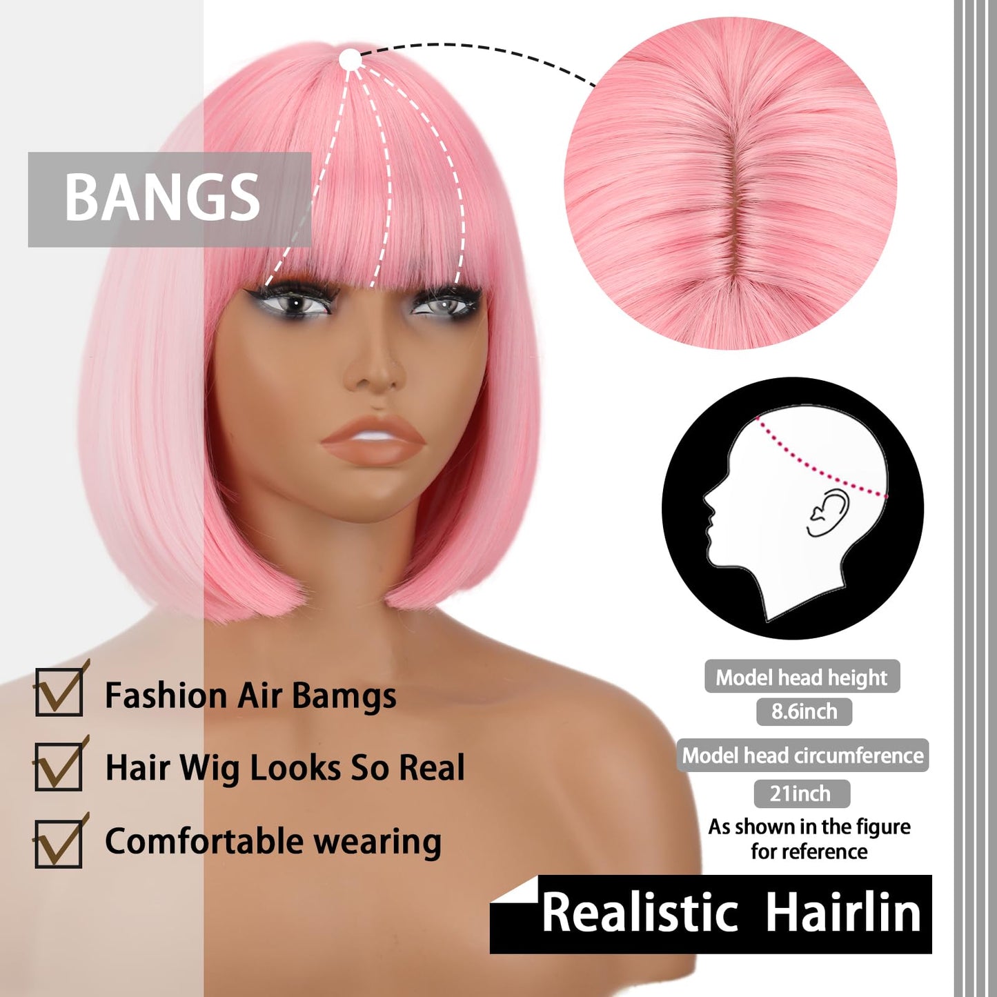 WERD Short Pink Bob Wig for Women Light Pink with Bangs Synthetic Hair Straight Bob Wig for Daily Party Cosplay