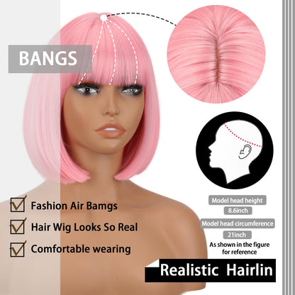 WERD Short Pink Bob Wig for Women Light Pink with Bangs Synthetic Hair Straight Bob Wig for Daily Party Cosplay