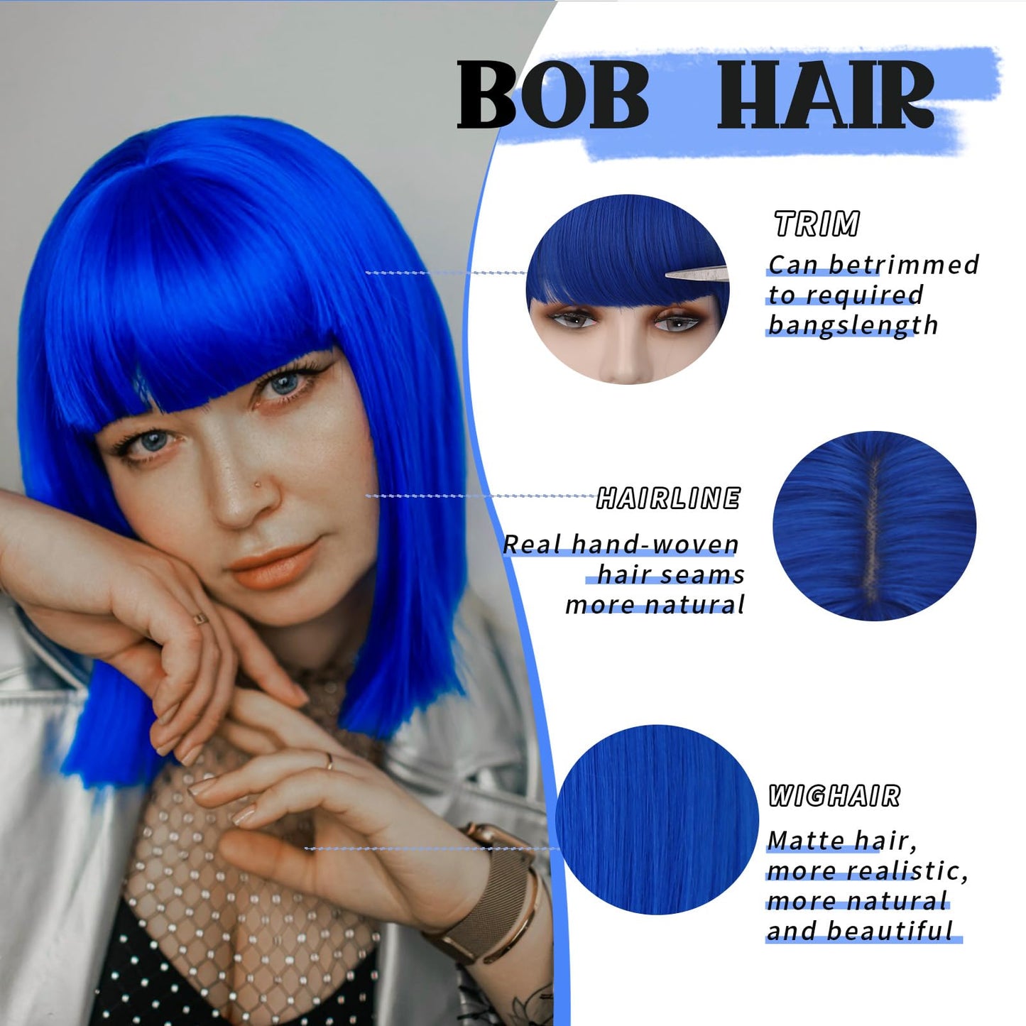 SUKRI Dark Blue Bob Wig With Bangs - Short Straight Bob Bangs Wig, 12Inch Heat Resistant Synthetic Hair, Natural Looking For Daily Party Use