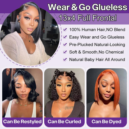 HIRIREMY Bob Wig Human Hair 13x4 HD Lace Frontal Short Straight Lace Front Bob Wigs for Black Women Human Hair Pre Plucked Glueless Side Part 180% Density Black Color 10 Inch