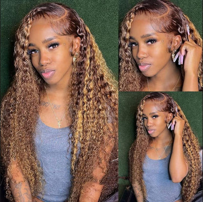 Chesma 26inch Highlight Ombre Lace Front Wig Human Hair 13x4 HD Honey Blonde 4/27 Deep Wave Lace Frontal Wigs Glueless Wigs Human Hair Pre Plucked with Baby Hair 180 Density