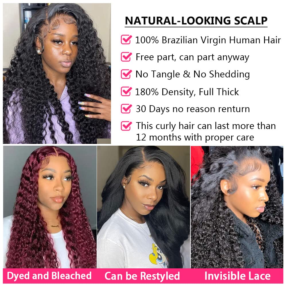 Bangjazz 28 Inch HD Lace Frontal Wigs Human Hair Deep Wave Wig 13x4 Lace Front Wig 180 Density Curly Wigs for Black Women, Curly Lace Front Wig Human Hair Natural Hairline Natural Color