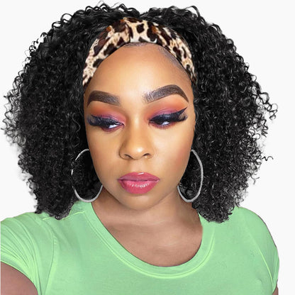 Headband Wig Human Hair Deep Wave 10 inch None Lace Front Wig Human Hair Machine Made Wigs Glueless Curly Hair Headband Half Wigs for Black Women Human Hair Natural Color