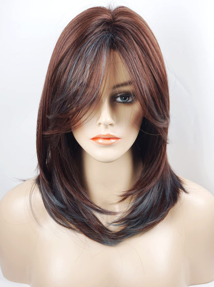 Medium Length Layered Wig Dark Brown with Blue Highlights, Synthetic Layered Wig with Bangs for White Women