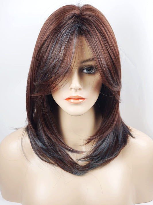 Medium Length Layered Wig Dark Brown with Blue Highlights, Synthetic Layered Wig with Bangs for White Women