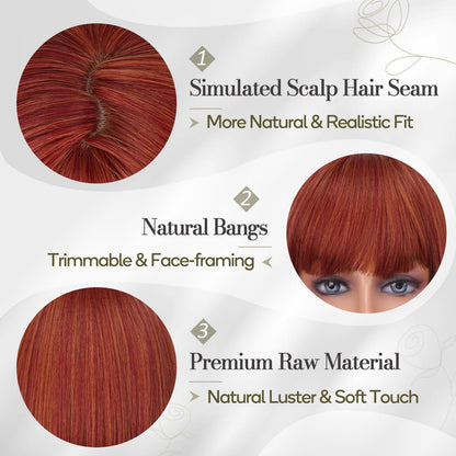 BARSDAR Short Bob Wig with Bangs - Short Copper Auburn Bob Wig with Bangs for Women - 12 Inch Chin-Length Natural Looking Soft Synthetic Hair Replacement Daily Halloween Party Copper Auburn Wigs