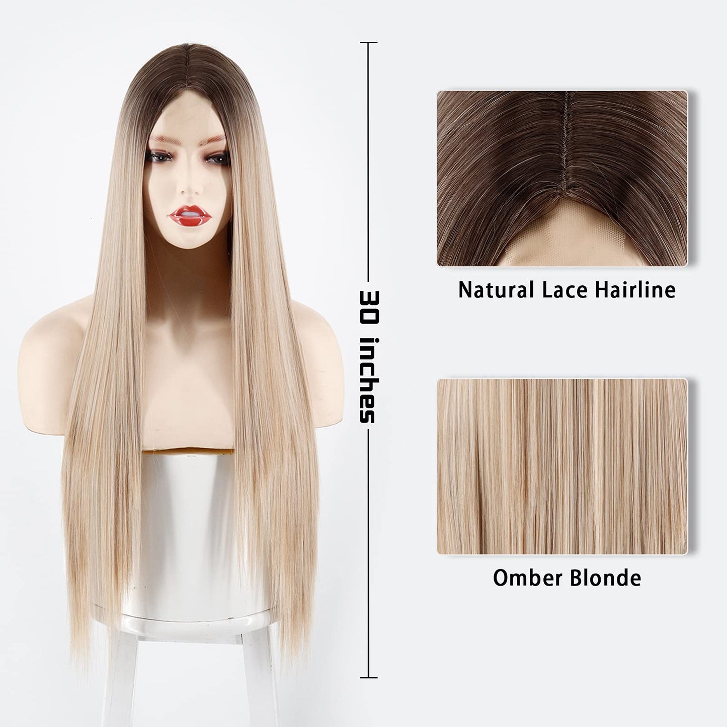 Xinran Straight Blonde Ombre Wigs for Women, Long Straight Blonde Wig Small Area Lace Front, Synthetic Ombre Blonde Wig 30 Inch for Cosplay Daily Party