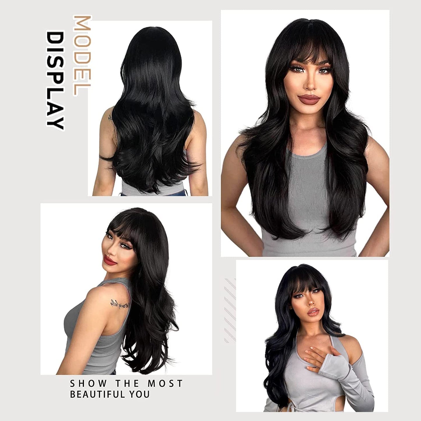 N NAYASA Long Black Wigs with Bangs Layered Wigs for Women Synthetic Heat Resistant Wig Natural Looking Realistic Wigs for Daily Party Use (24 inch)