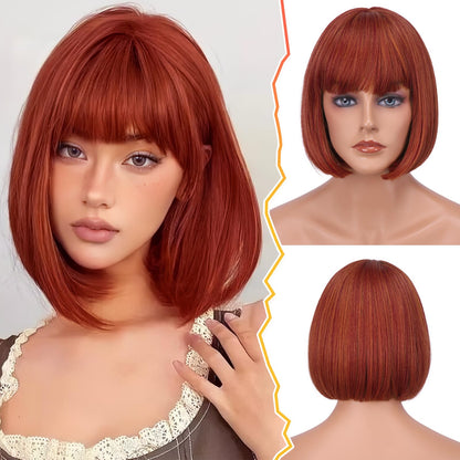 BARSDAR Short Bob Wig with Bangs - Short Copper Auburn Bob Wig with Bangs for Women - 12 Inch Chin-Length Natural Looking Soft Synthetic Hair Replacement Daily Halloween Party Copper Auburn Wigs