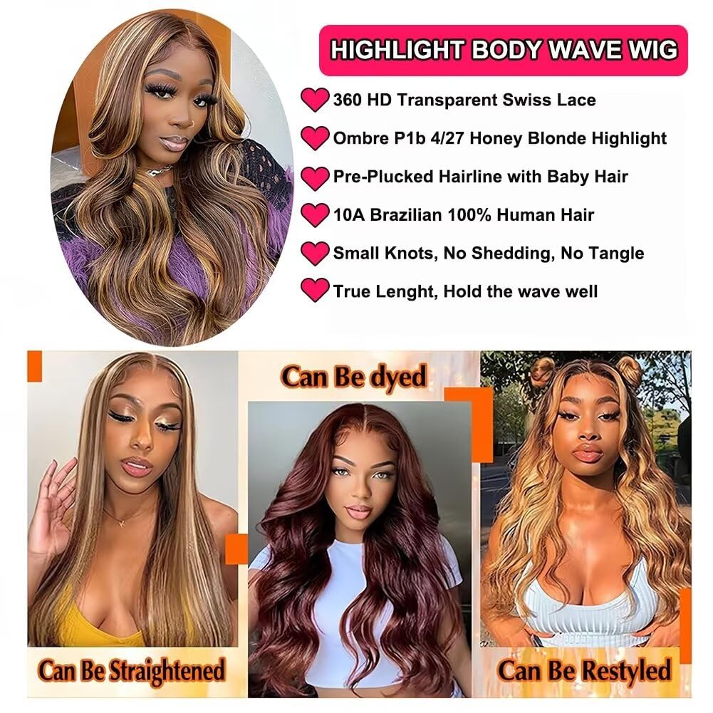 studyy Ombre Highlight Body Wave 360 Lace Front Wigs Human Hair Pre Plucked With Baby Hair Honey Blonde 360 Hd Lace Frontal Wigs Full Lace for Women 18inch