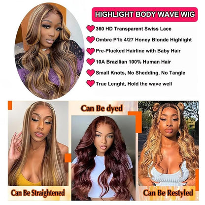 studyy Body Wave Highlight Ombre 360 Lace Front Wigs Human Hair Pre Plucked with Baby Hair Honey Blonde 360 HD Lace Frontal Wigs for Women 22inch