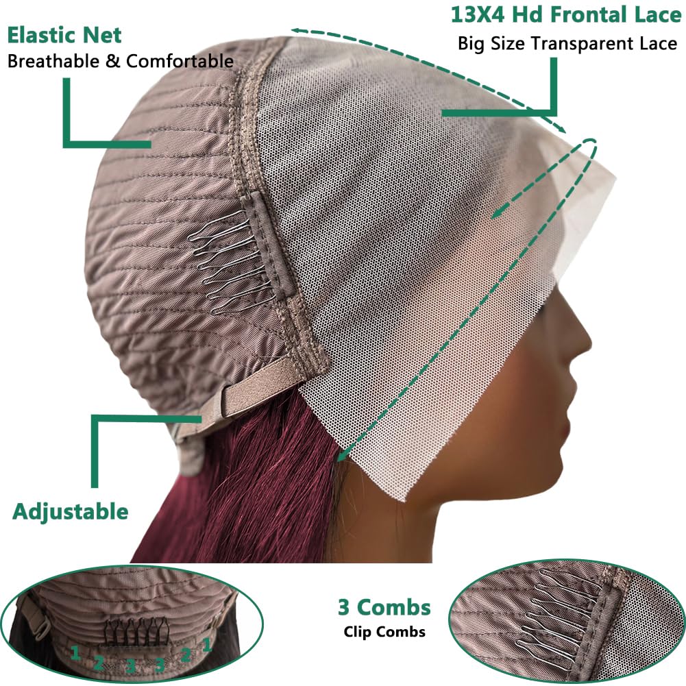 99J Burgundy Bob Wig Human Hair 13x4 Frontal Lace Wig 16 Inch Body Wave HD Lace Front Wigs Human Hair Pre Plucked 180% Density Glueless Wine Red Bob Wigs for Women (99J Burgundy, 16 Inch)