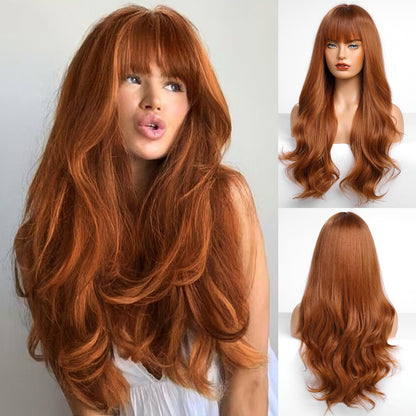 HAIRCUBE Auburn Wig with Bangs for Women Auburn Long Wavy Hair Wig Curly Wavy Synthetic Wigs for Girls Daily Party Use