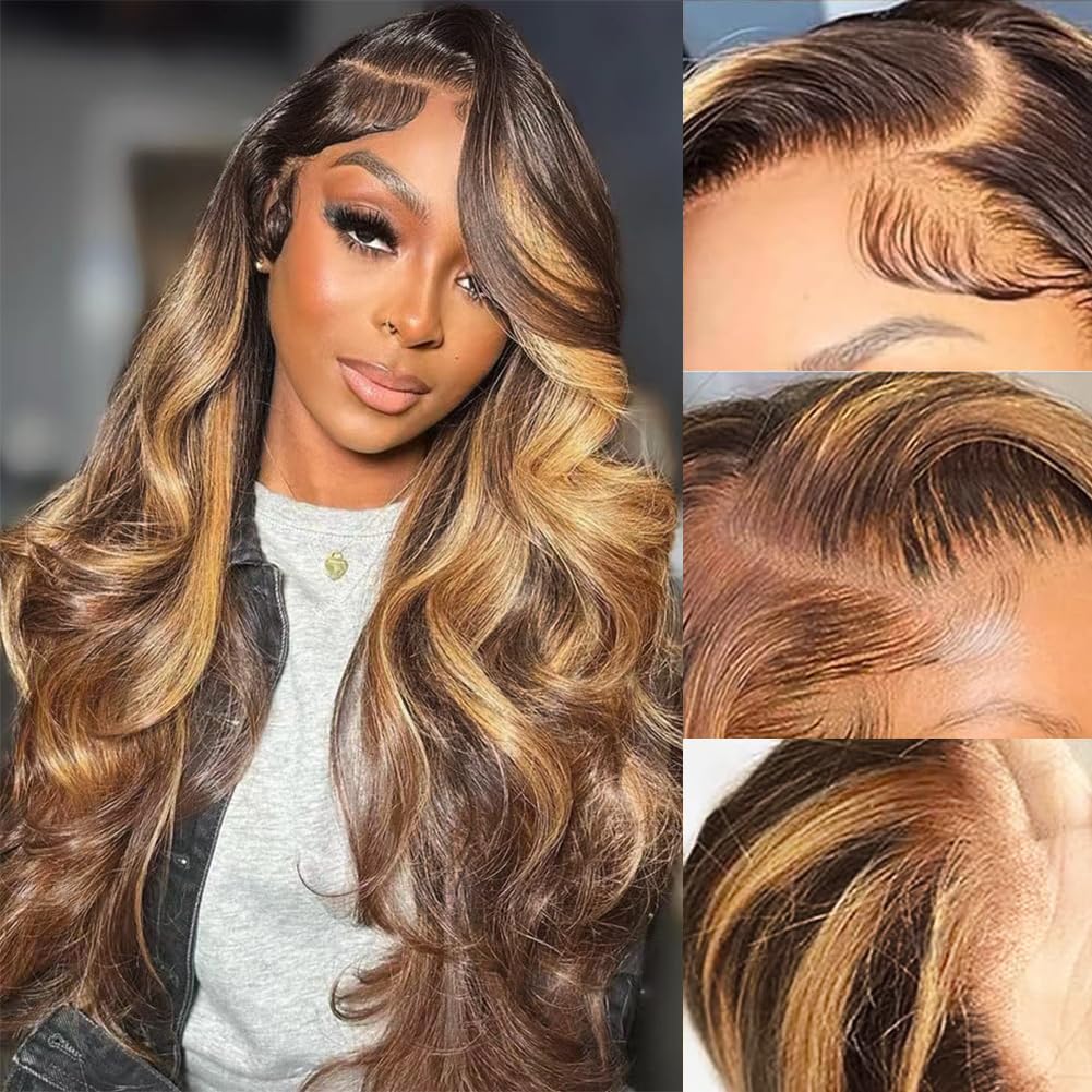 32Inch Highlight Ombre Lace Front Wig Human Hair 13x4 Blonde Highlight Body Wave Lace Front Wigs Human Hair 4/27 Colored Deep Wave Wig 200% Density Honey Blonde With Frontal Wigs For Women