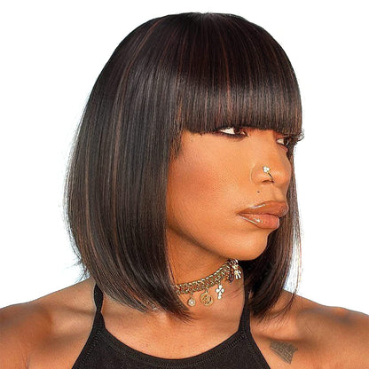 ToyoTress Black Mix Brown Highlight Bob Wig With Bangs - 10 Inch Yaki Straight Bob Wig For Black Women, Short Synthetic Hair Wigs Heat Resistant Daily Costume (10 Inch, SP1B/30-613H)