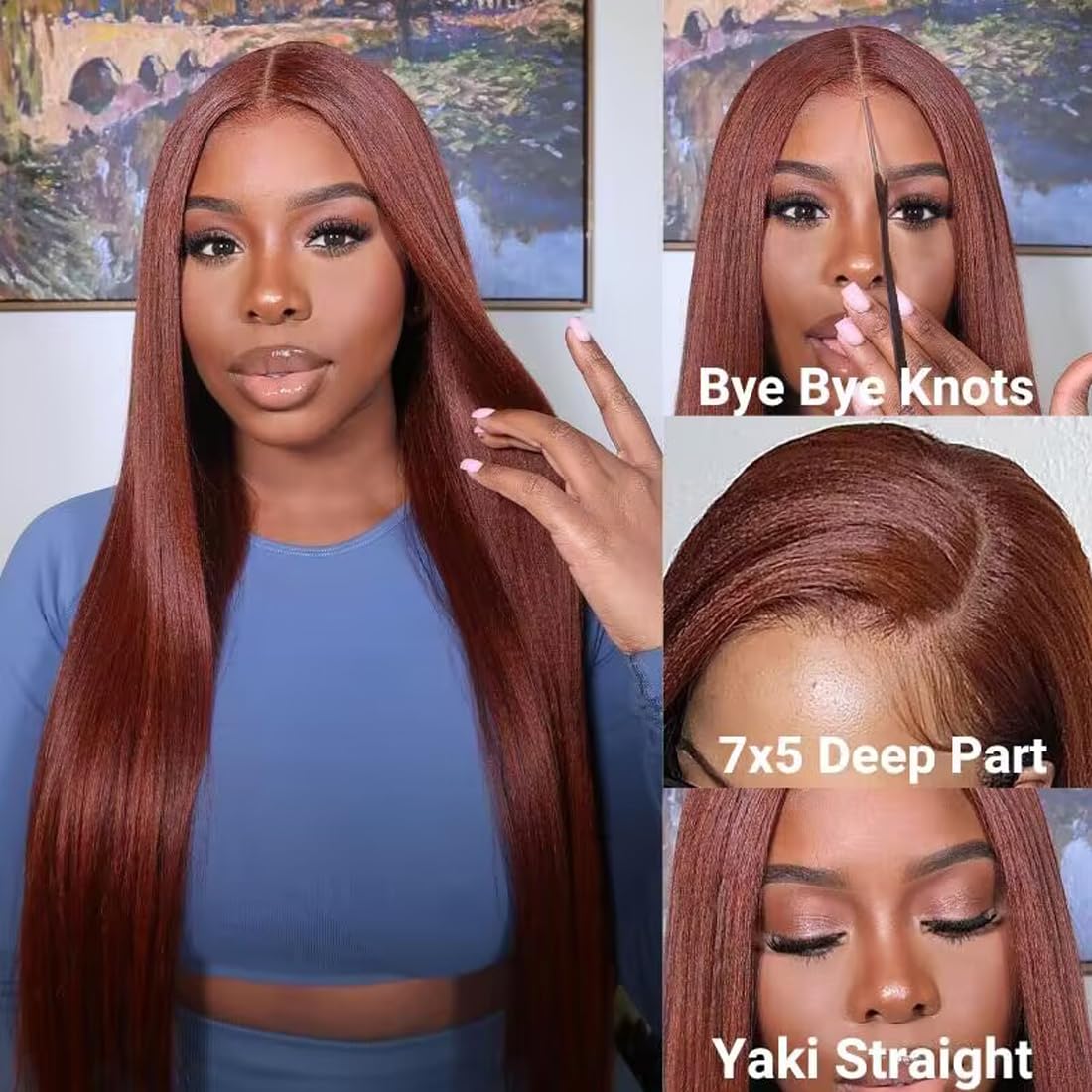 UNICE Bye Bye Knots Glueless Wig Reddish Brown Yaki Straight 7x5 Pre Cut Lace Glueless Wigs Human Hair Pre Plucked Pre Bleached Invisible Knots Human Hair Wig 14 inch