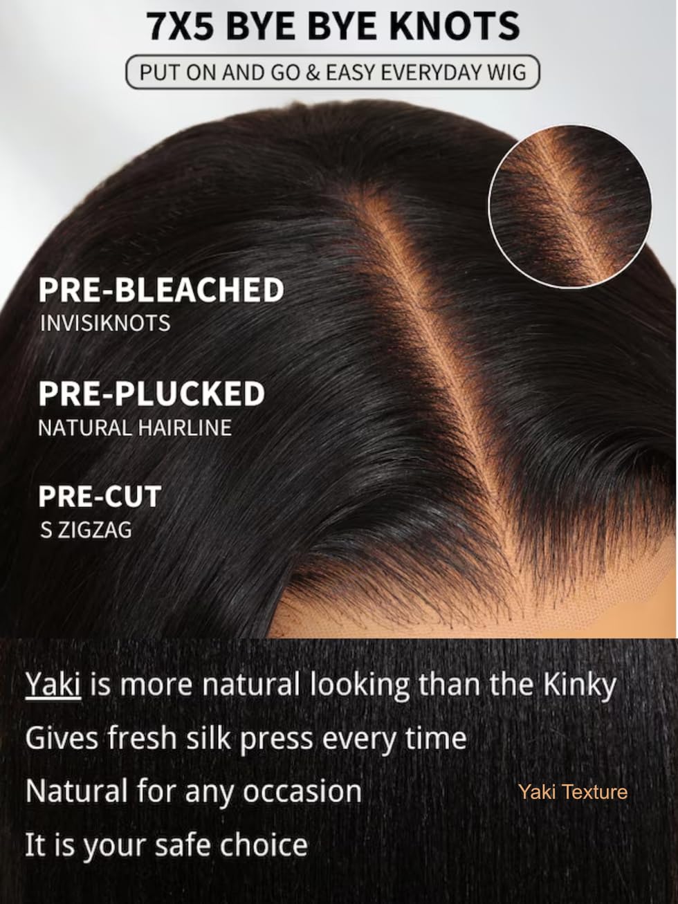 UNICE Bye Bye Knots Glueless 7X5 Pre Cut Lace Front Wig Yaki Wavy Flip Out Bang Curl Wig Put on and Go Human Hair Wigs Pre Plucked Bleached Knots Natural Hairline 150% Density 20 Inch