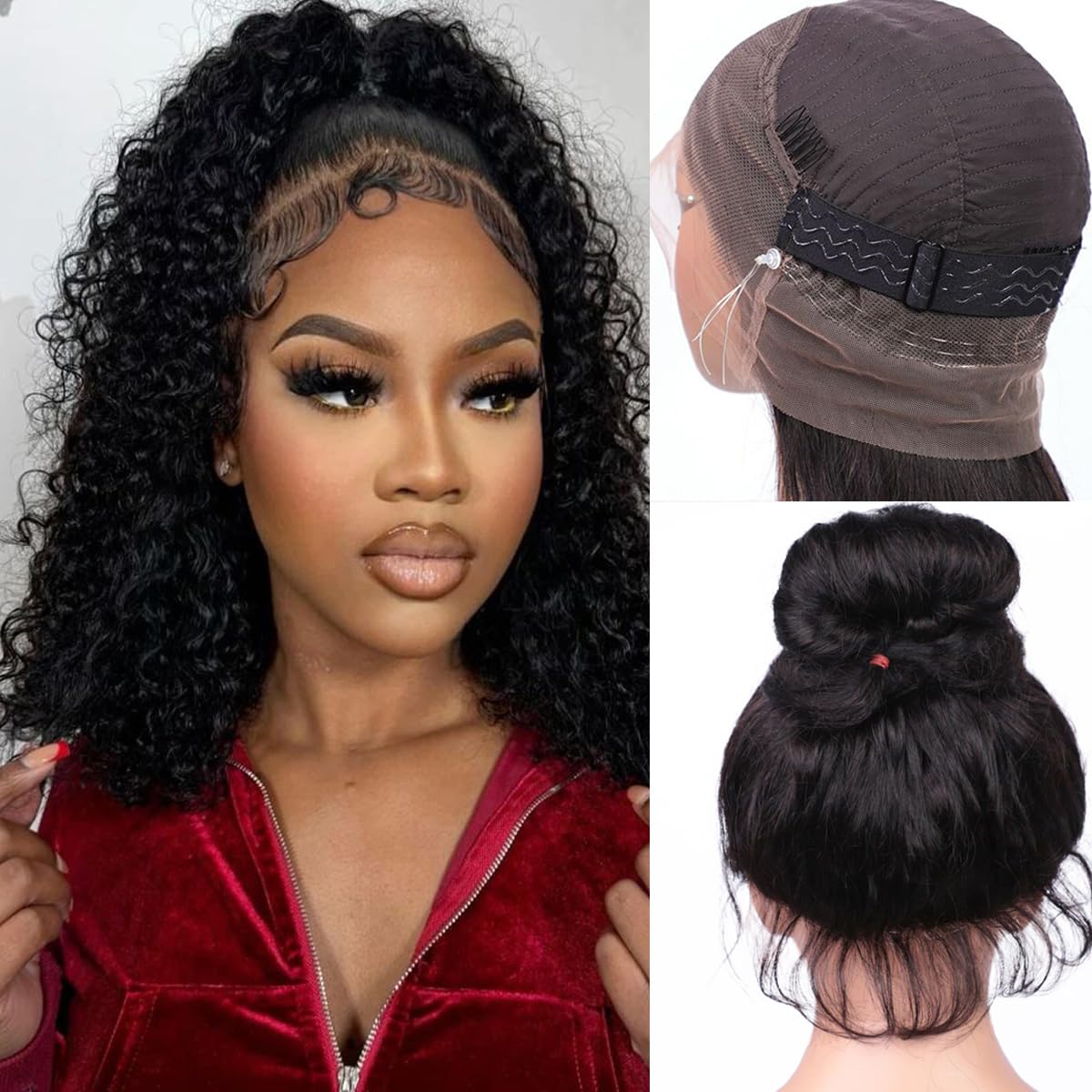 Ebarly Hidden Strap Water Wave 360 Glueless Wigs Human Hair Pre Plucked 180 Density Wet and Wavy HD Full Lace Frontal Drawstring Wig with baby hair (18 inch)