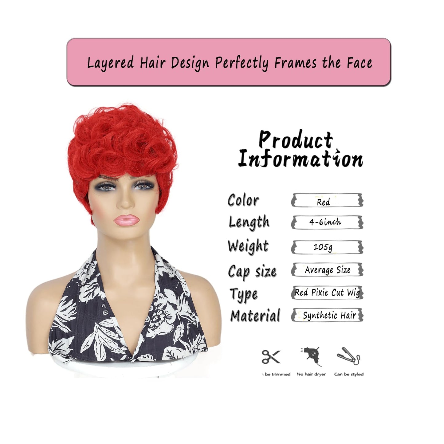 MUJGOO Red Pixie Cut Wig for Black Women with Bangs Short Wigs for Black Women(Red)
