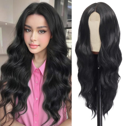 Mairead 26 Inch Long Curly Wavy Synthetic Lace Front Wigs for Black Women Synthetic Black Wig Middle Part Natural Looking Synthetic Heat Resistant Fiber for Daily Party Use