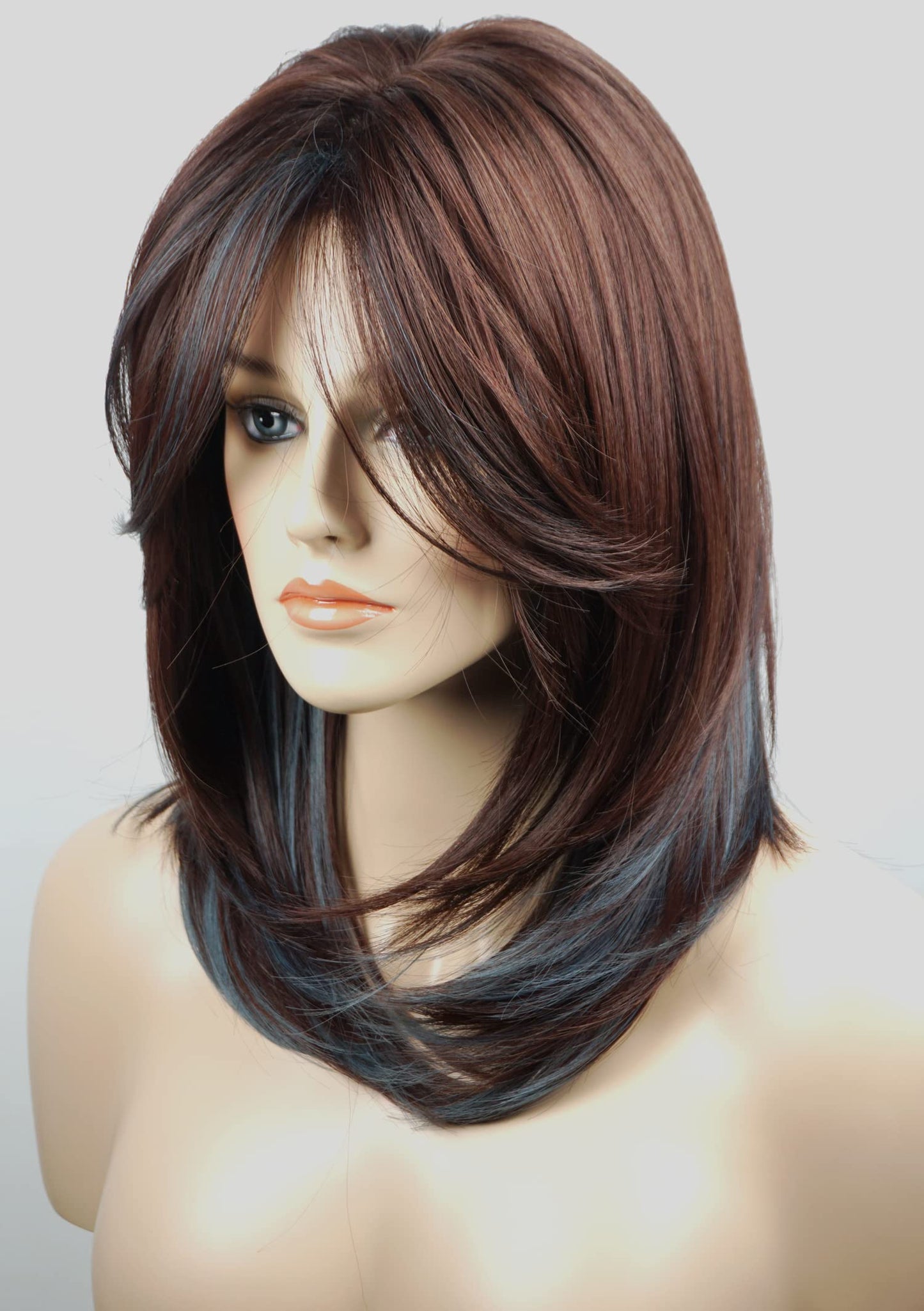Medium Length Layered Wig Dark Brown with Blue Highlights, Synthetic Layered Wig with Bangs for White Women