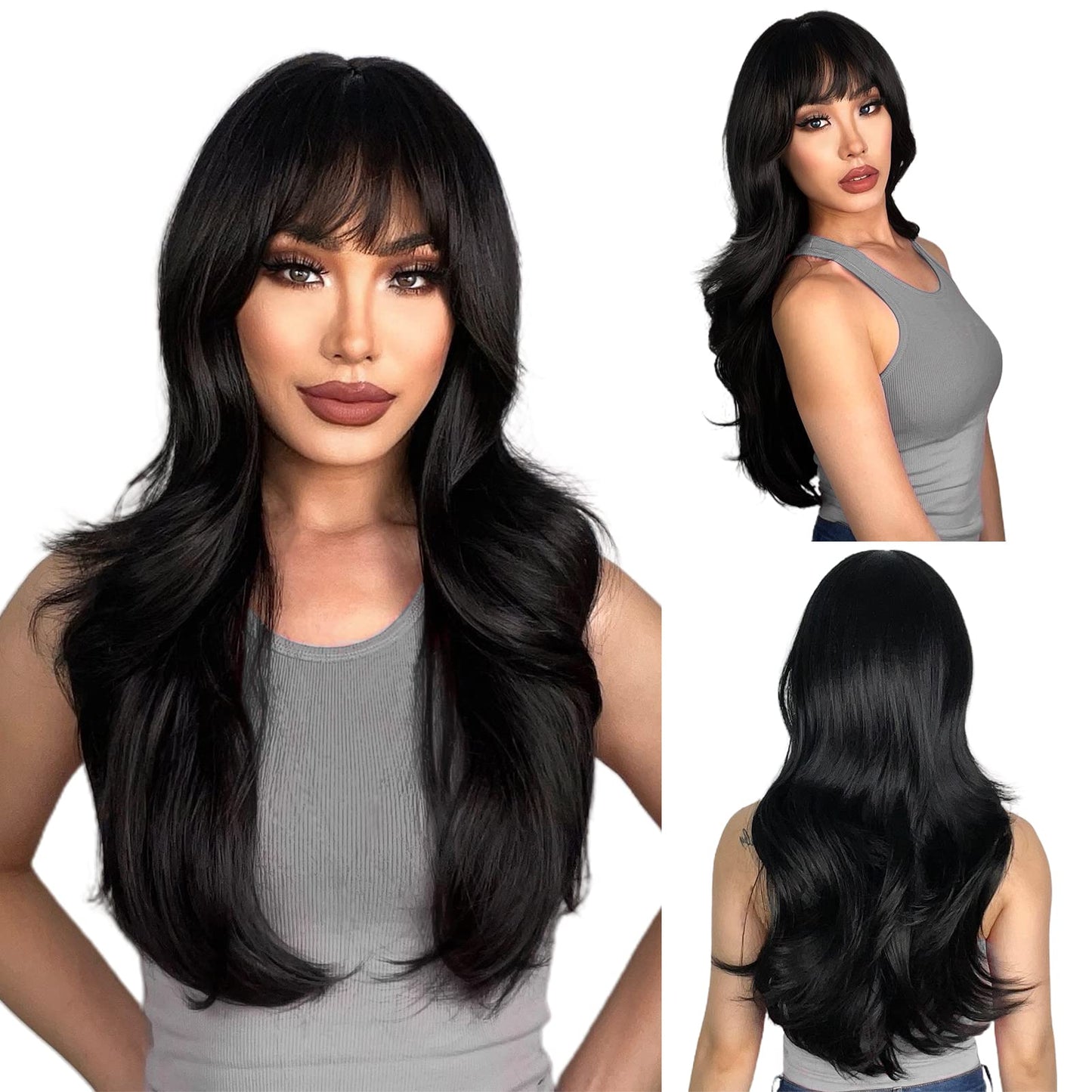 N NAYASA Long Black Wigs with Bangs Layered Wigs for Women Synthetic Heat Resistant Wig Natural Looking Realistic Wigs for Daily Party Use (24 inch)