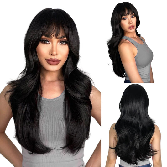 N NAYASA Long Black Wigs with Bangs Layered Wigs for Women Synthetic Heat Resistant Wig Natural Looking Realistic Wigs for Daily Party Use (24 inch)
