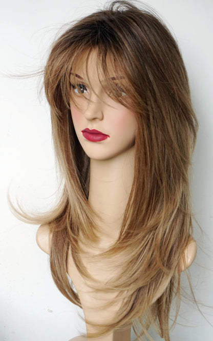 Long Layered Ombre Brown wig Synthetic Hair Fiber Highlight Multicolor Wigs for White Women (Ombre Brown)