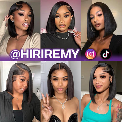 HIRIREMY Bob Wig Human Hair 13x4 HD Lace Frontal Short Straight Lace Front Bob Wigs for Black Women Human Hair Pre Plucked Glueless Side Part 180% Density Black Color 12 Inch